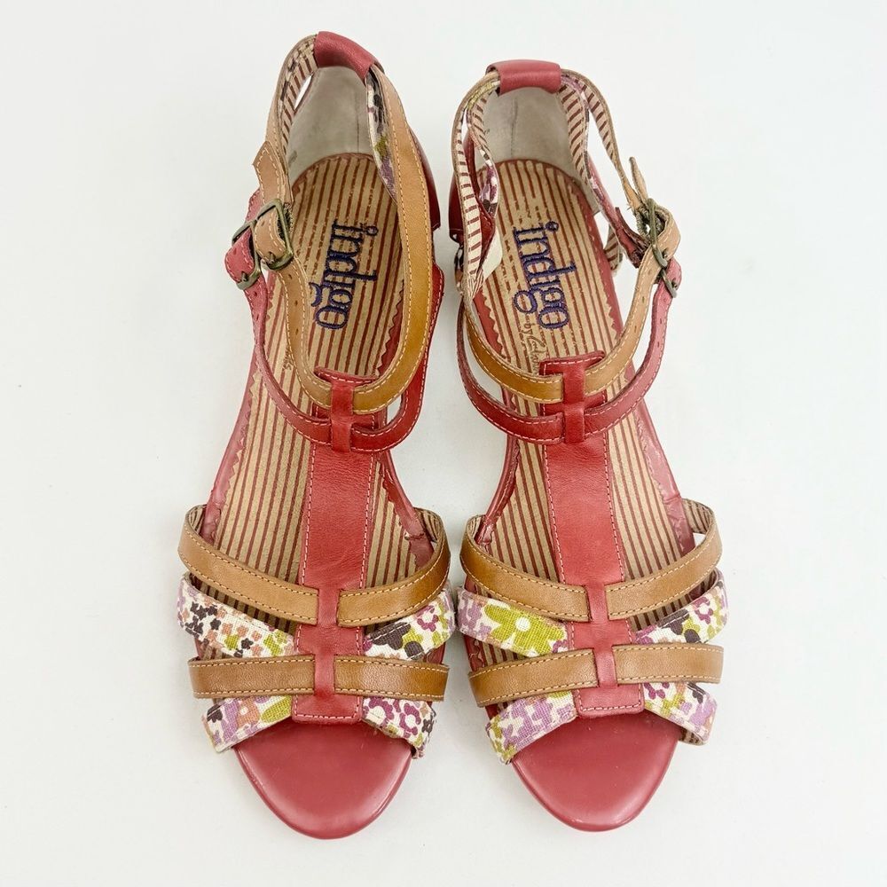 Indigo By Clarks Red Brown Leather Floral Textile Strappy Low Wedge Sandals